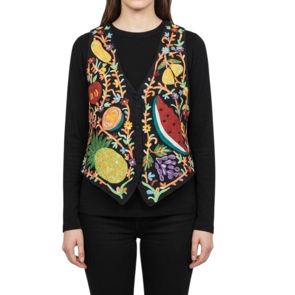 Vintage Baxter & Wells Embroidered Vest Watermelon Pineapple Fruit Bright Small - Picture 1 of 8